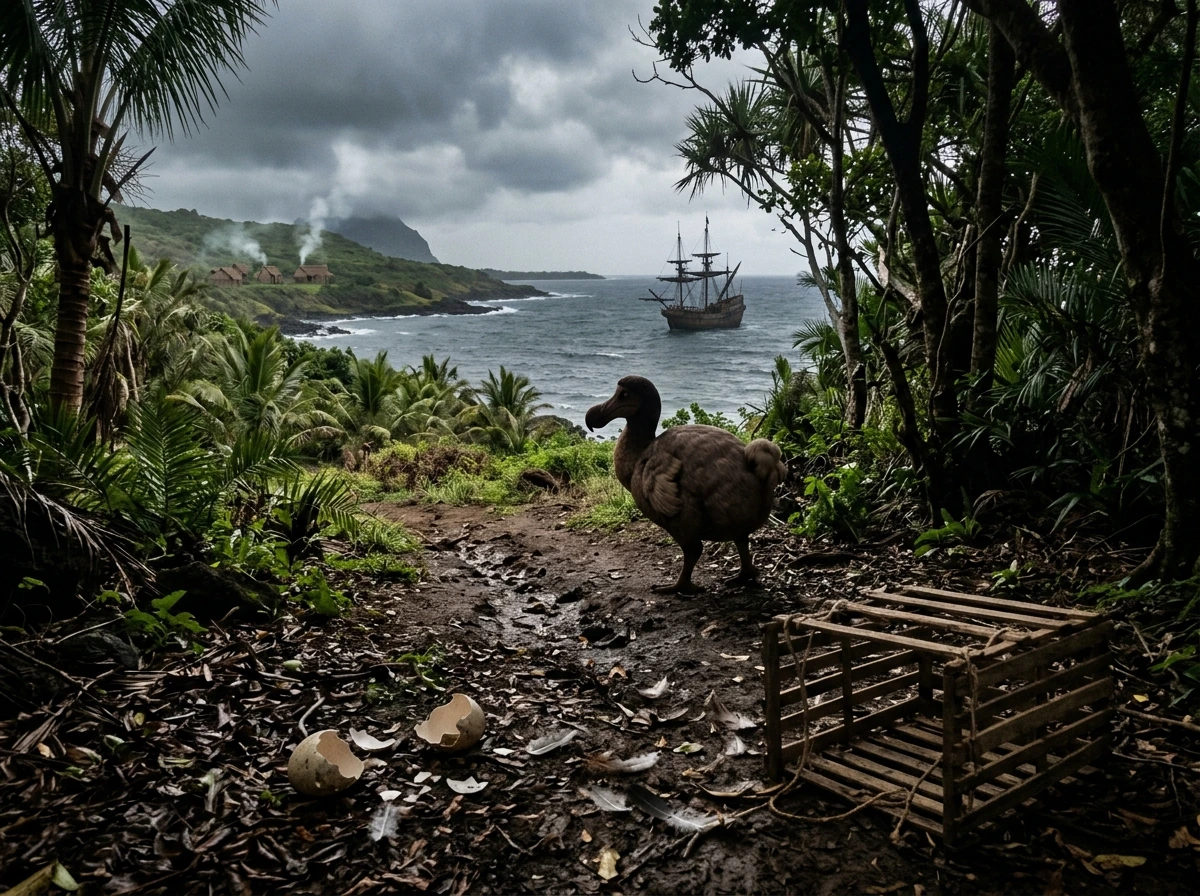 17th-century Mauritius scene with dodo on leaf litter, distant ship, and extinction-era signs of human impact.