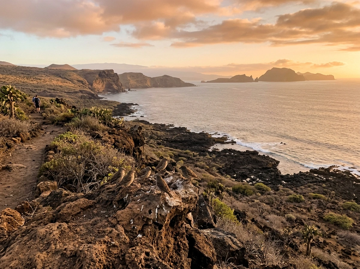 Galápagos volcanic landscape with finches perched as the theme of Darwin’s finch study
