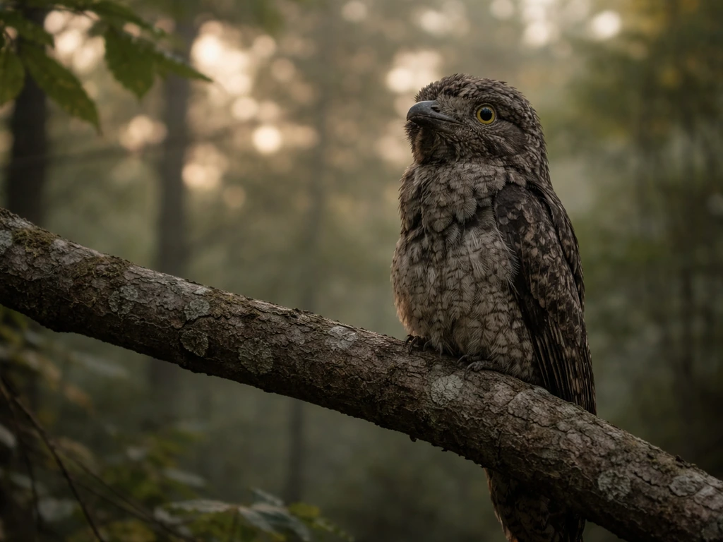 Camouflaged potoo bird perched motionless on a tree branch in a dim forest roost.