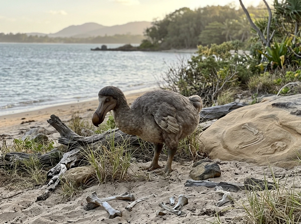 Dodo evolution theme: flightless dodo silhouette above Madagascar shoreline and fossil clues.