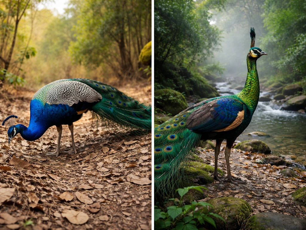 Split image: Indian peafowl in greenery and green peafowl near a forest stream, both in natural habitat.