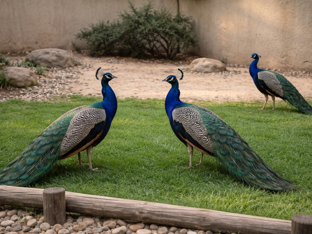 Indian peafowl in a simple zoo enclosure with grass and a low fence in natural daylight.