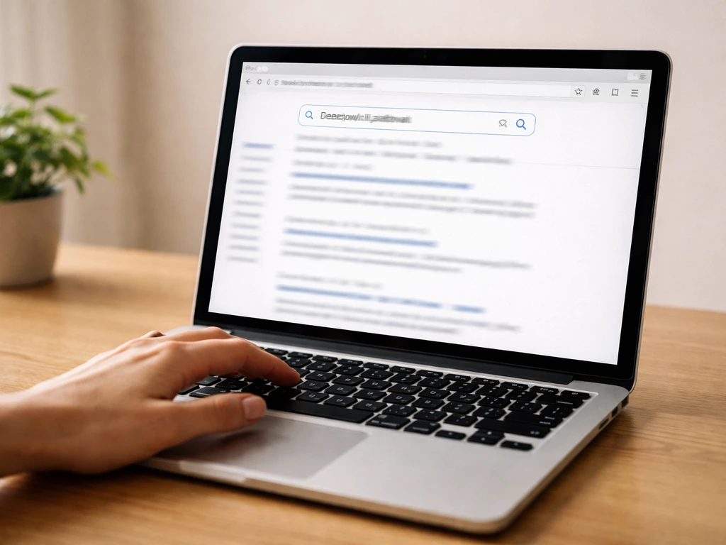 Hand typing on a laptop showing blurred search results for a peafowl conservation status, action-oriented.