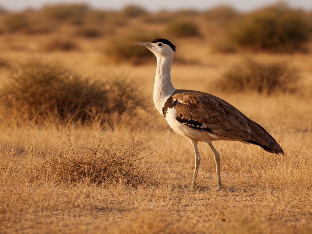 Great Indian Bustard standing in dry grassland with sparse scrub in the Thar Desert