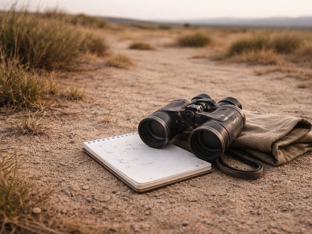 Binoculars resting on a notepad near open grass flats, suggesting steps to confirm bird species