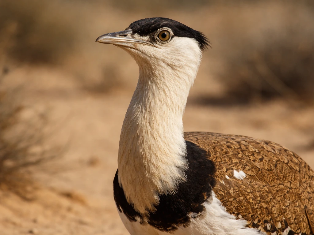 Close-up of a Great Indian Bustard showing black crown and patterned brown-buff plumage in desert light
