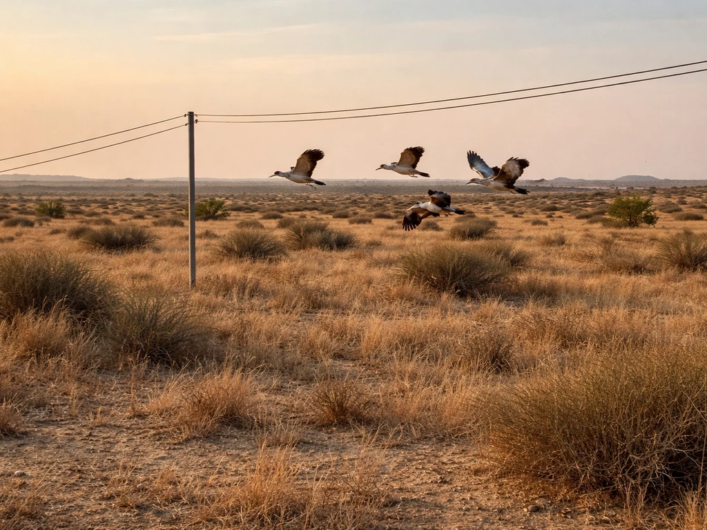 Bustards flying over open Thar grassland while low power lines cut across the landscape.