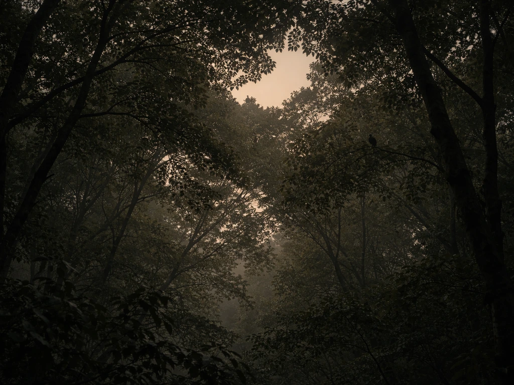 Quiet forest canopy on a remote island with subtle bird silhouettes at dusk