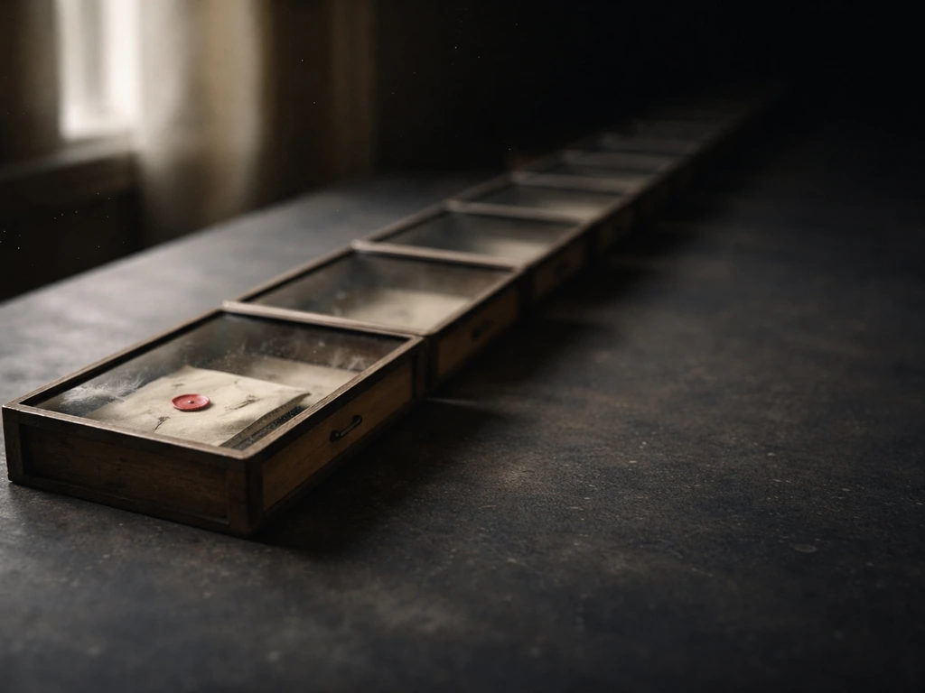 Empty faded bird-specimen drawers fading into a long blank space to suggest no records for over a century.