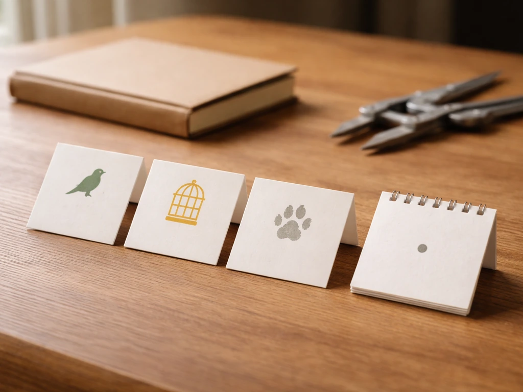Minimal desk scene with blank category cards and a calendar page dot suggesting a scientific extinction review.