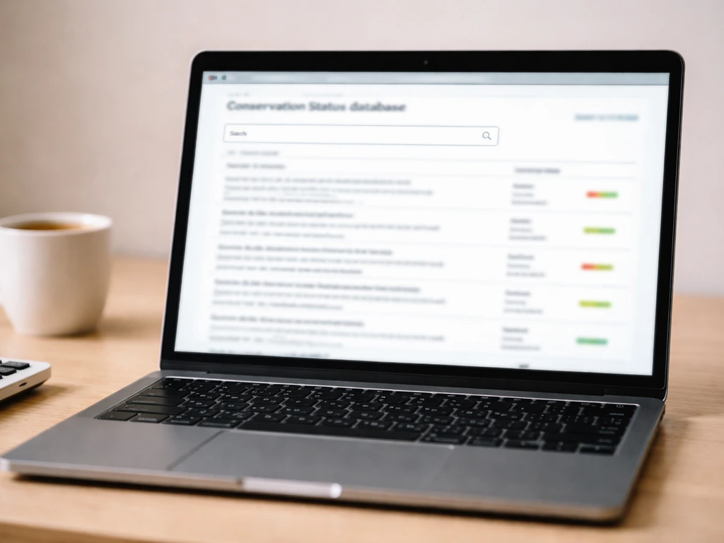 Close-up of a laptop showing an unlabeled conservation-status search results page in a quiet office.