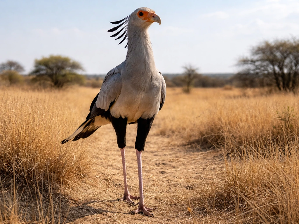 Secretary bird standing in open African grassland under bright daylight.