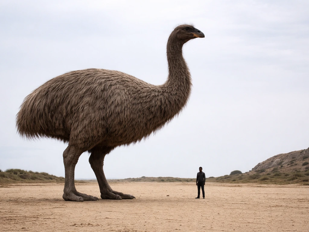 Giant elephant bird silhouette next to a small human figure on sandy ground for scale