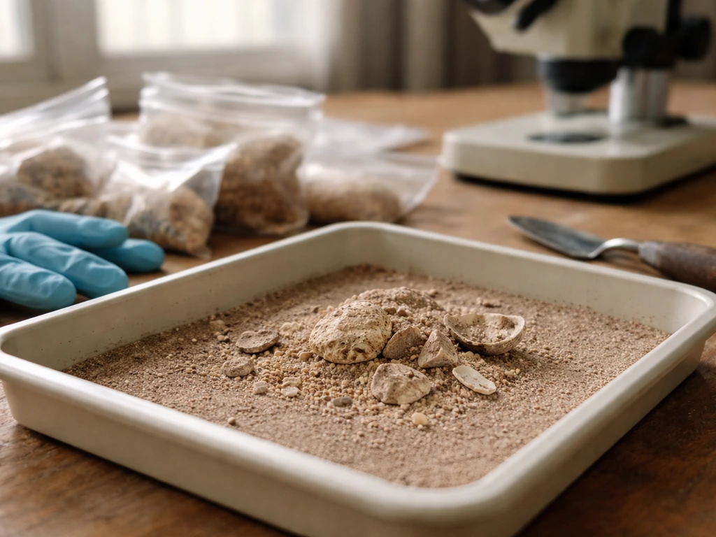 Excavation tray with small dated eggshell and bone fragments in an archaeology lab under natural light.