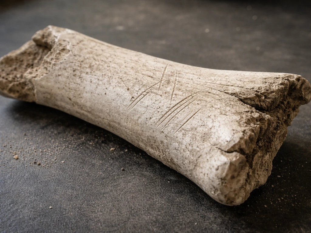 Close-up of an elephant bird bone fragment showing distinct cut marks from butchering.
