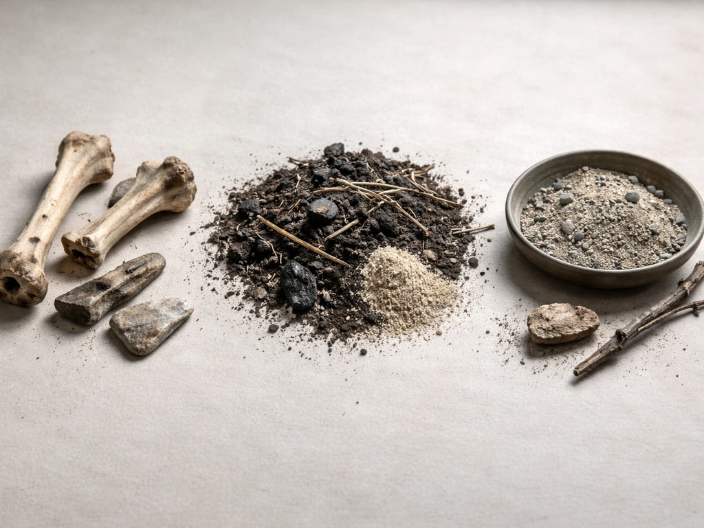 Three minimal evidence piles on a table: marked bones, charcoal-rich soil, and drought-like cracked clay.