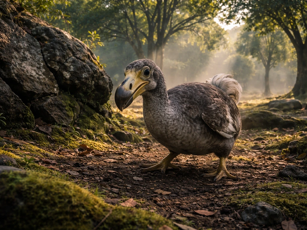 Tense dodo on Mauritius forest floor near volcanic rock, with scattered trees and misty sunlight.