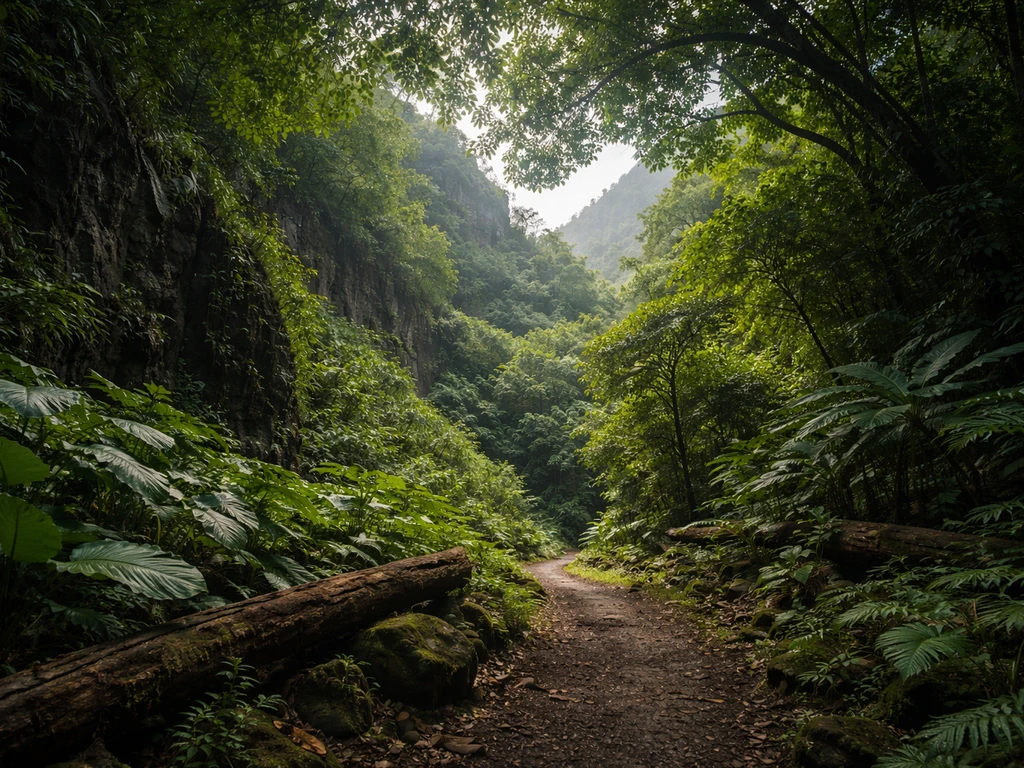 Lush tropical forest on a volcanic island with winding path and dense canopy, evoking dodo habitat.