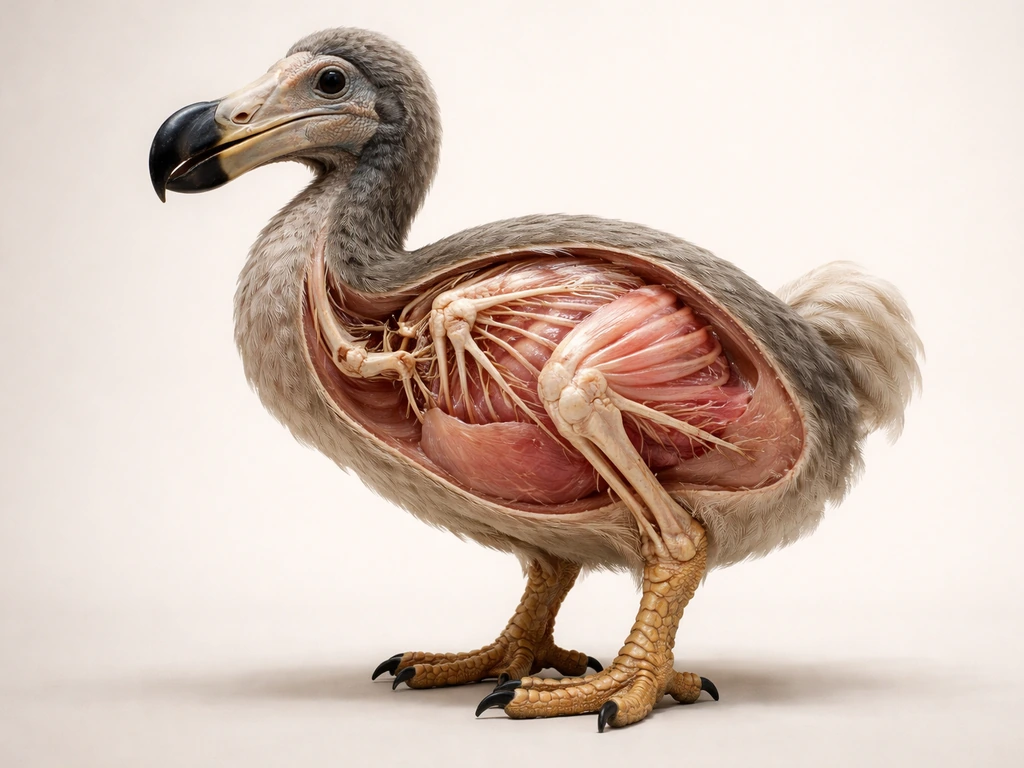 Photo-real anatomical cutaway of a dodo showing tiny vestigial wings and strong legs and feet.