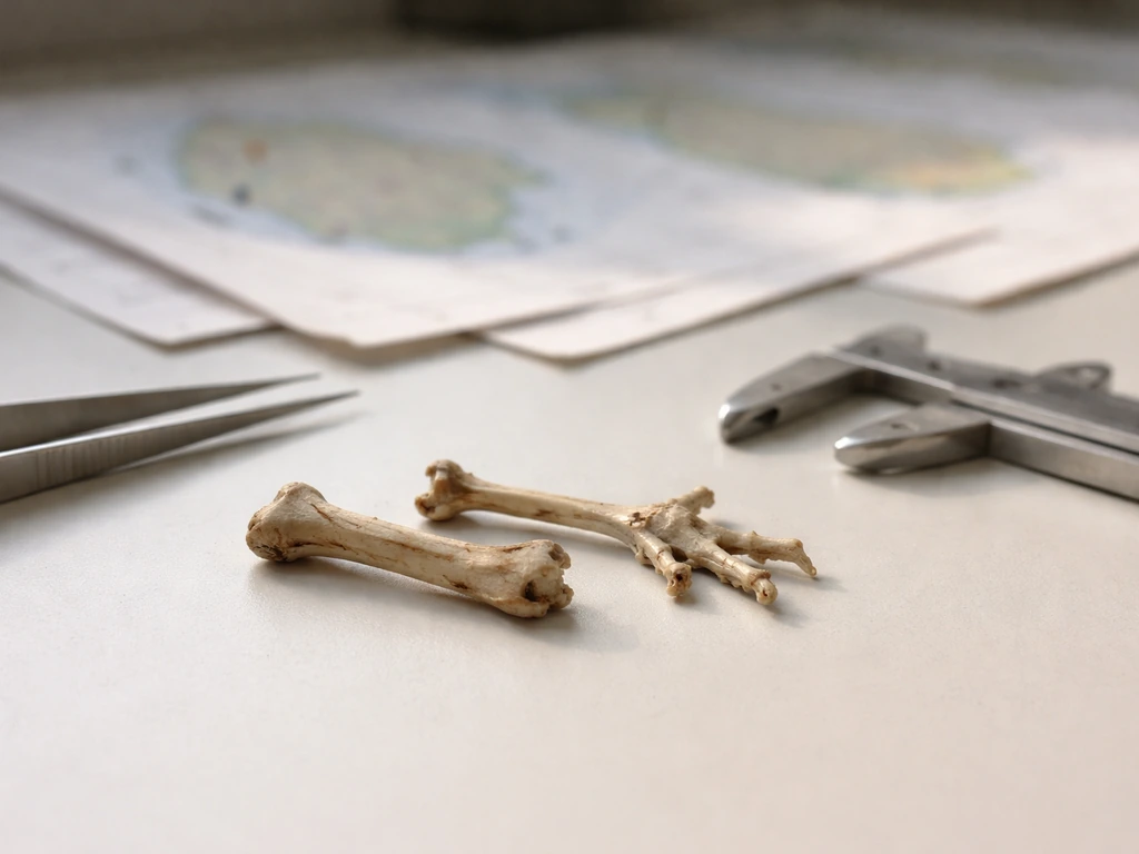 Close-up of subfossil bones on a lab table with blurred maps suggesting Mauritian sites
