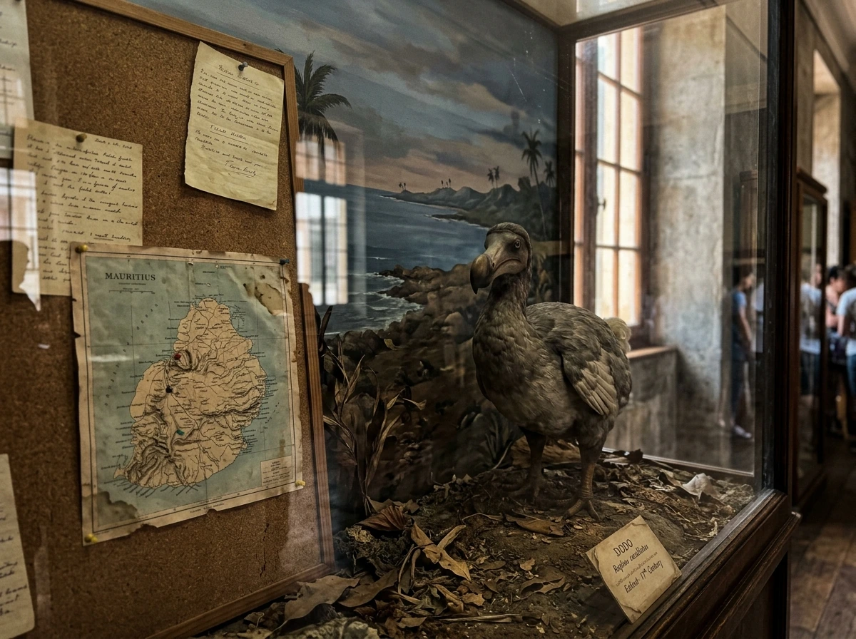 Museum exhibit of an extinct dodo specimen behind glass with research notes nearby