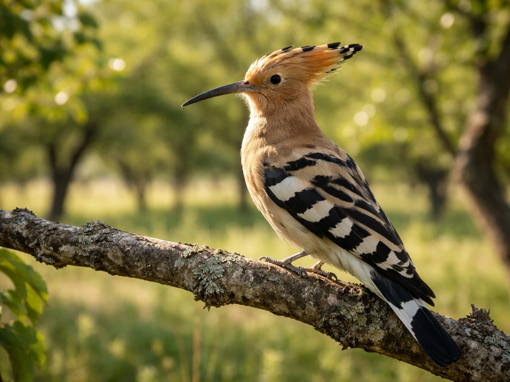 Hoopoe bird perched on a branch in a sunlit orchard woodland with soft green background blur.