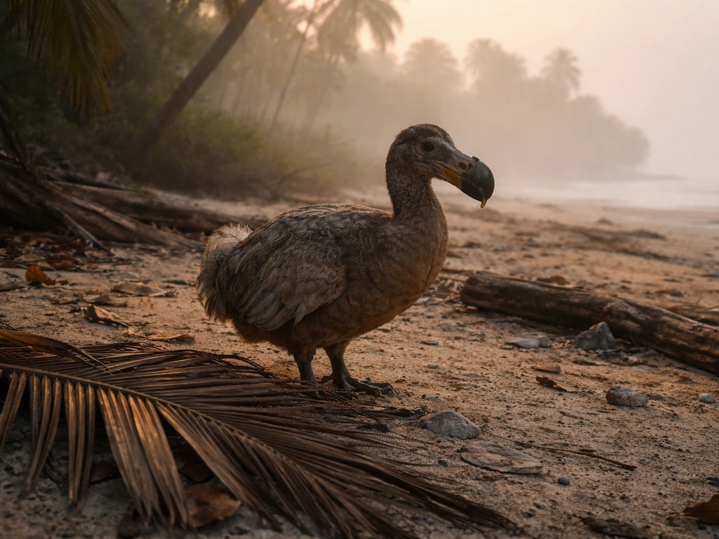 A dodo-like flightless bird stands on an island floor in dawn mist, evoking an extinct mood.