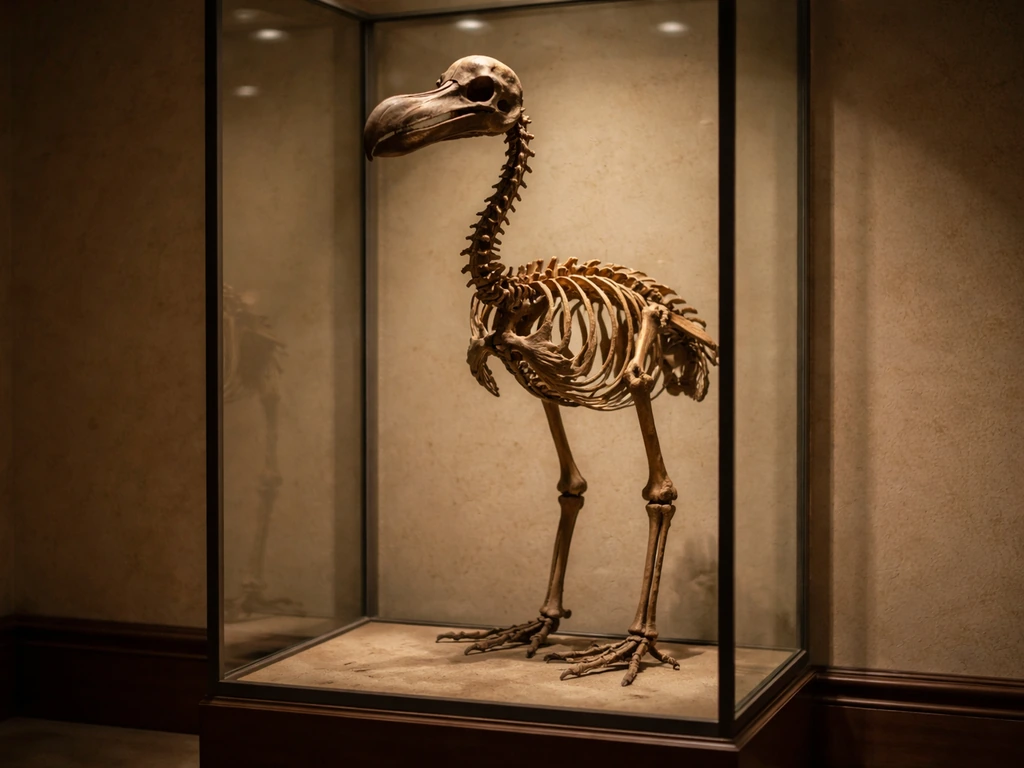 Museum display showing a dodo skeleton in a glass case against a simple wall background.