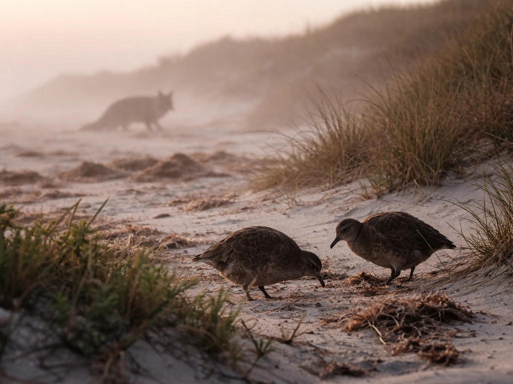 Flightless birds forage on an island shoreline as distant land predators pose a threat