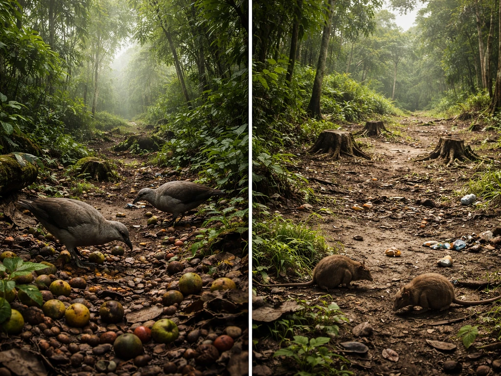 Split scene of island habitat: lush forest floor with birds vs cleared ground with invasive species pressure.