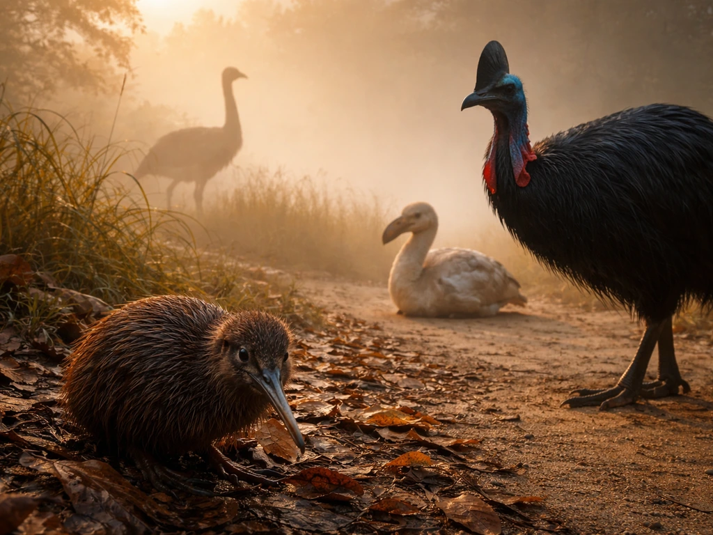 Composite of kiwi, cassowary, dodo, and moa-like silhouettes in a natural habitat scene