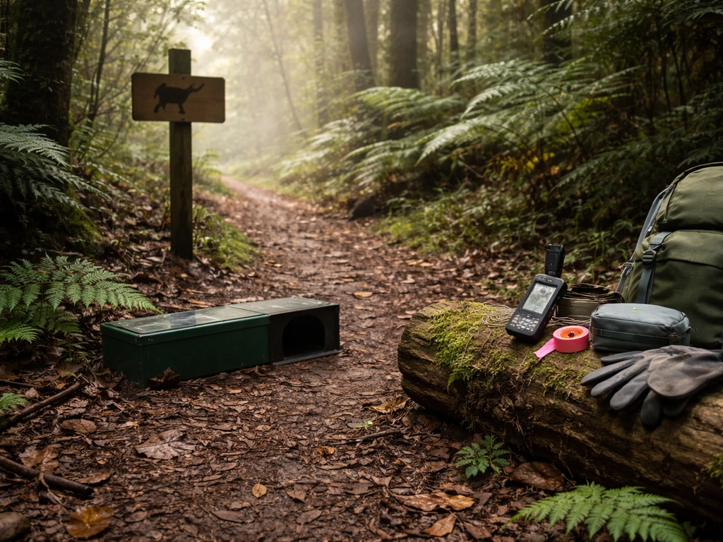 Forest field setup with a bait station and tracking tunnel near a ranger kit and kiwi-themed signpost.