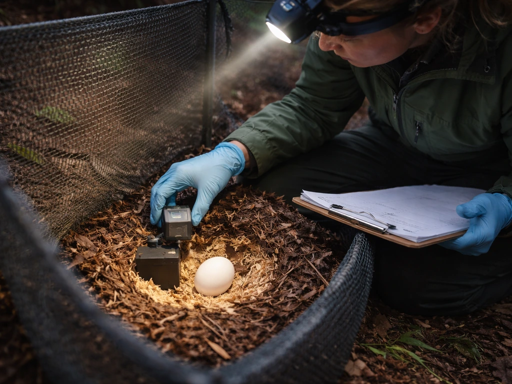 Anonymous conservation worker kneels by a mesh nesting enclosure, checking an egg/chick monitoring setup.