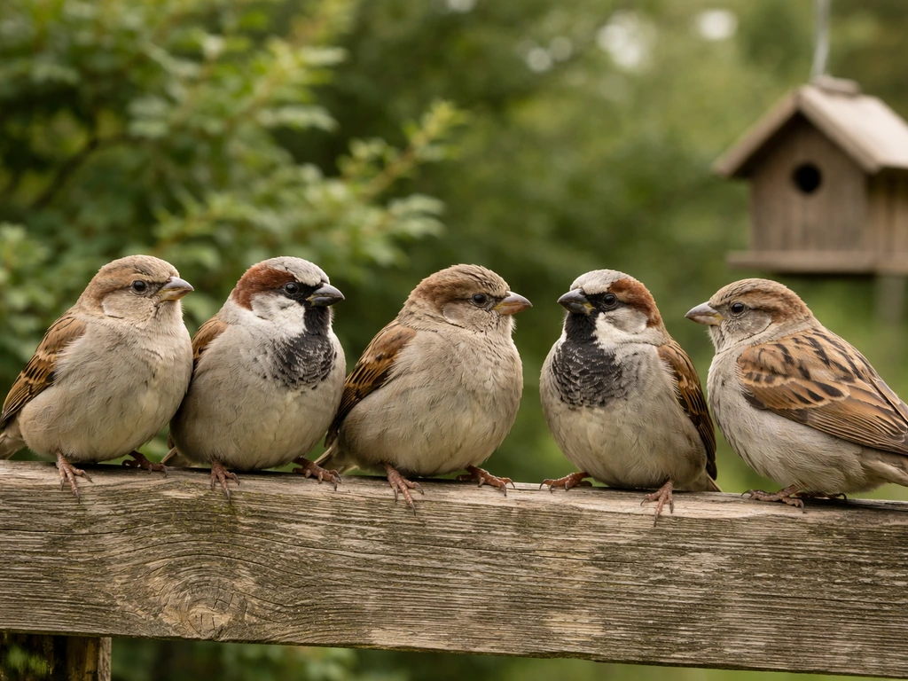 Several sparrows with distinct feather patterns perched together on a fence, suggesting careful species ID.