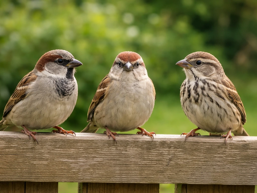 Three different sparrow species perched side-by-side on a fence rail, showing clear plumage differences.
