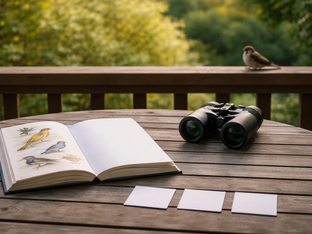 Sparrow near binoculars and an open bird guide on a patio table with blank checklist cards.