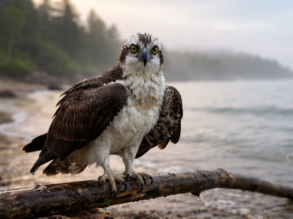 Endangered-looking bird perched on a wet branch by a misty shoreline at dawn.