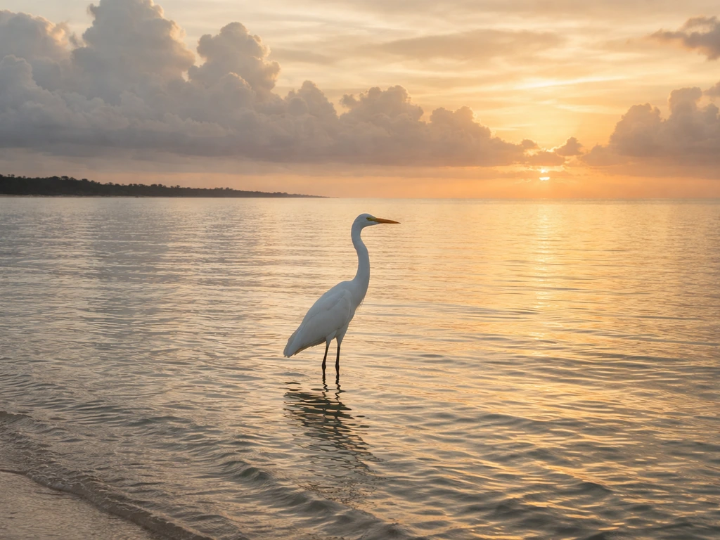Dramatic coastal scene with a tall white crane silhouette standing against ocean and sky
