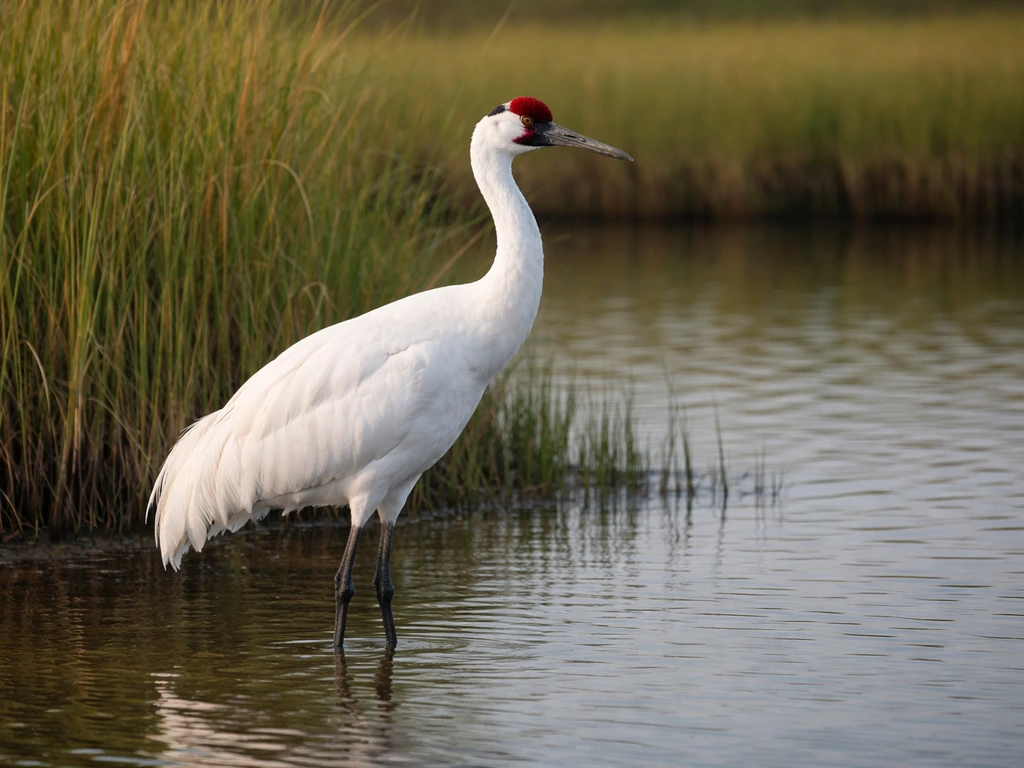 A Whooping Crane stands in a quiet Florida wetland with clear view of its red crown patch.