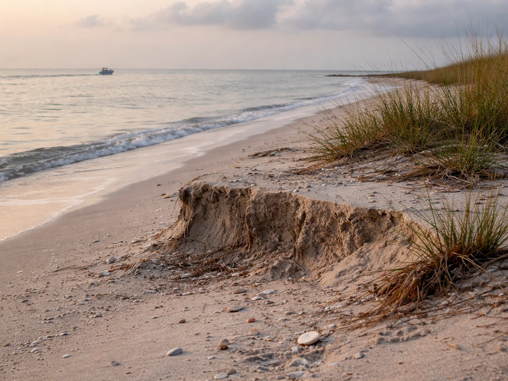 Eroded Florida shoreline at dawn with wet sand and sea grass, showing vulnerable nesting habitat.