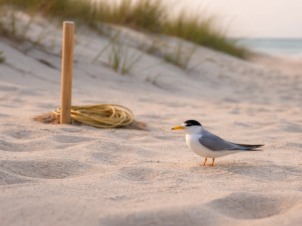 A small shorebird stands on Florida sand near habitat monitoring markers on a quiet beach.