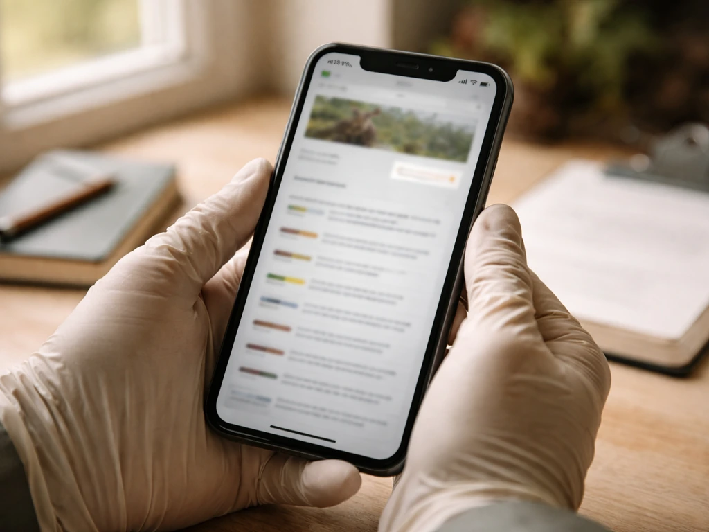Gloved hands holding a smartphone showing a blurred conservation status webpage for recent updates