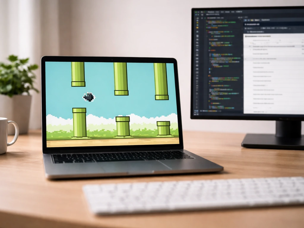 Laptop shows Flappy Bird gameplay in Pygame next to a GitHub-style code editor window.