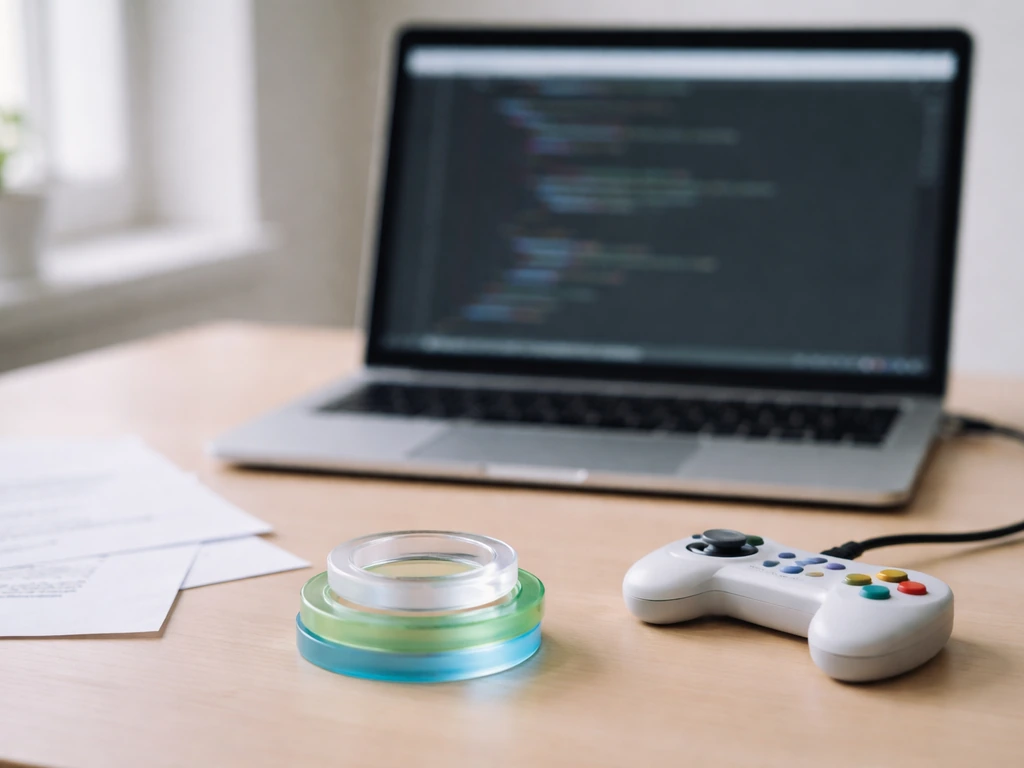 Minimal desk scene with a laptop and translucent acrylic loop rings symbolizing a game loop.
