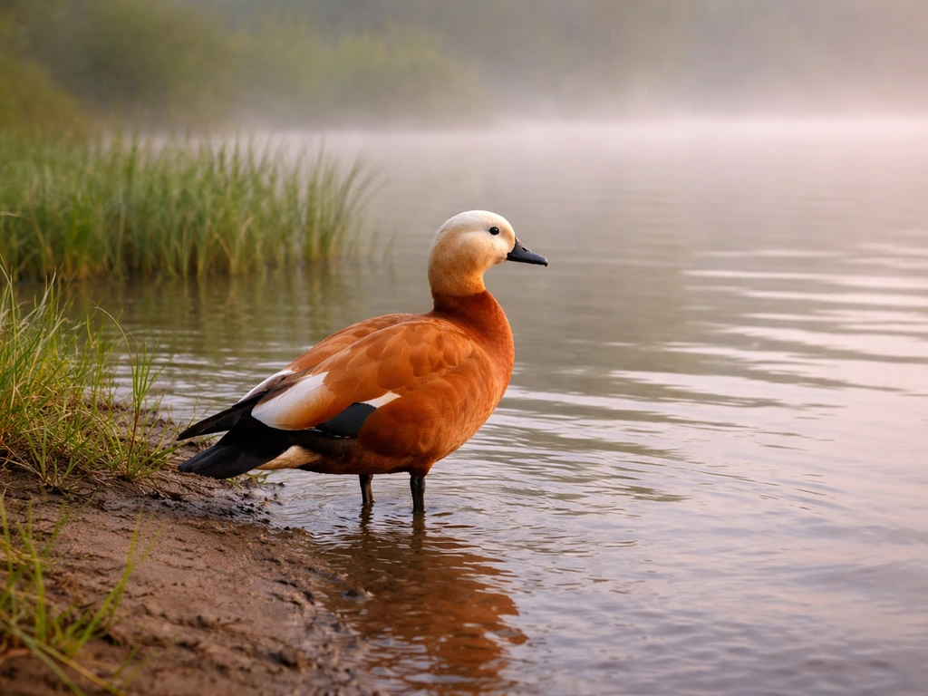 Ruddy Shelduck standing on a calm wetland lakeshore near reeds and shallow water