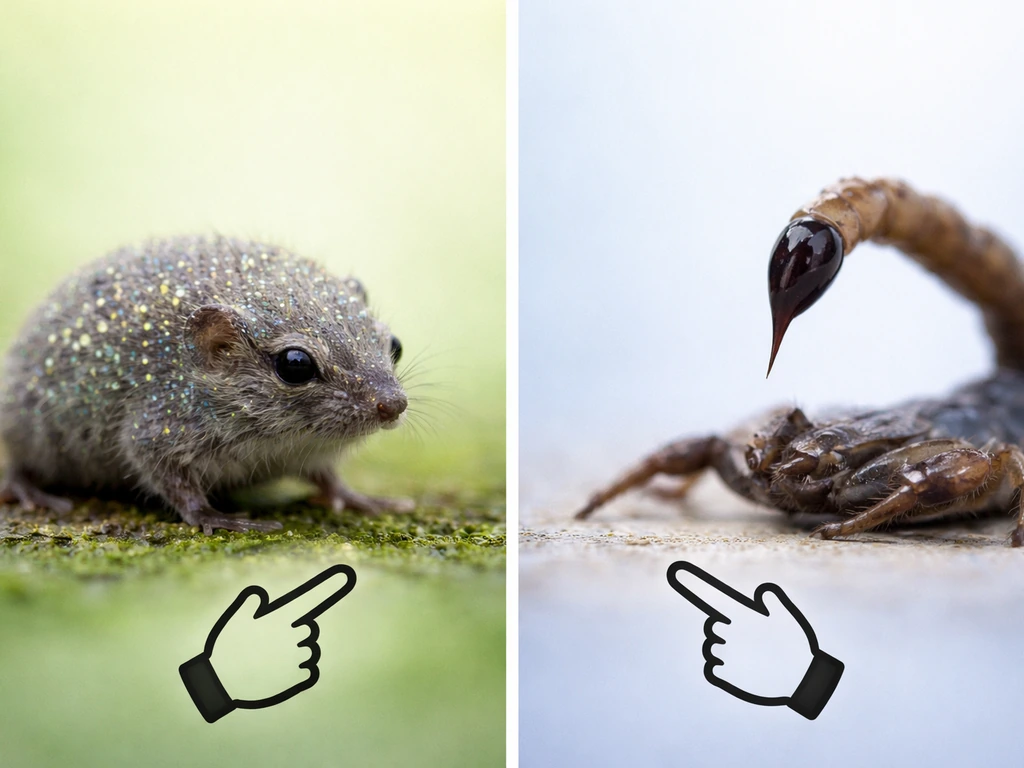 Split image comparing contact poison on skin vs bite/sting venom delivery with two anonymous animals.