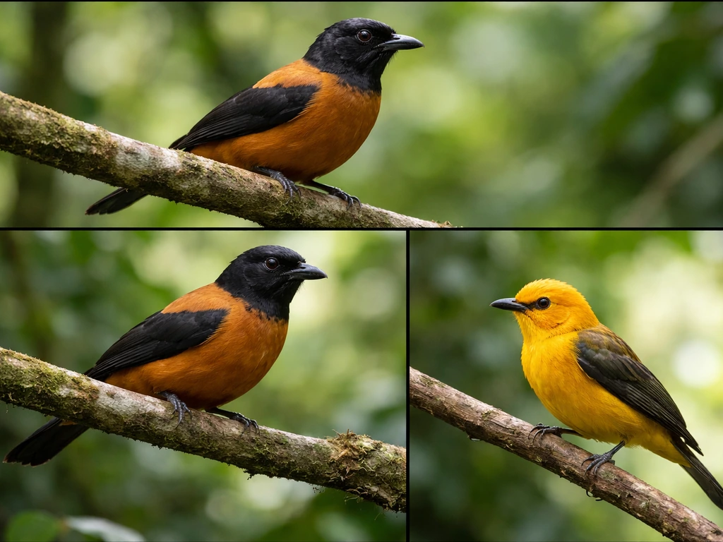 Three small vividly colored poisonous birds perched on branches in a minimal collage, forest background.