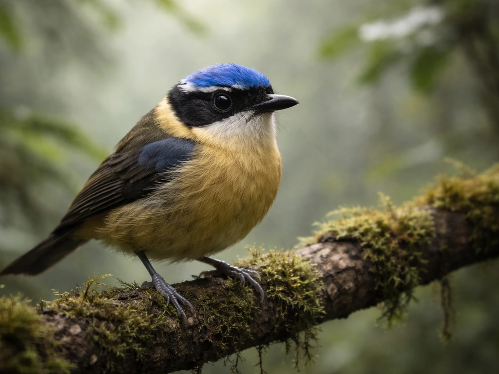 Small blue-capped bird perched on a mossy branch in a misty New Guinea montane forest.