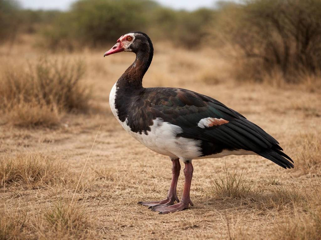 Spur-winged goose standing in African savanna grassland with raised spur-like wing feathers
