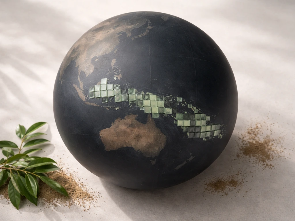 Overhead photo of a globe with glass tiles grouped near New Guinea and Melanesia to suggest toxic bird habitats.